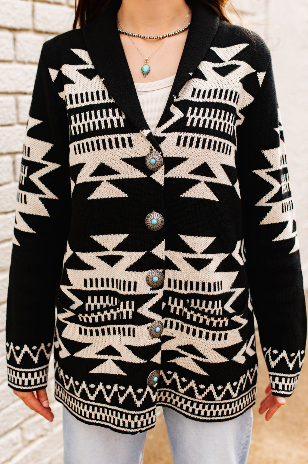 BLACK GEOMETRIC KNIT CARDIGAN