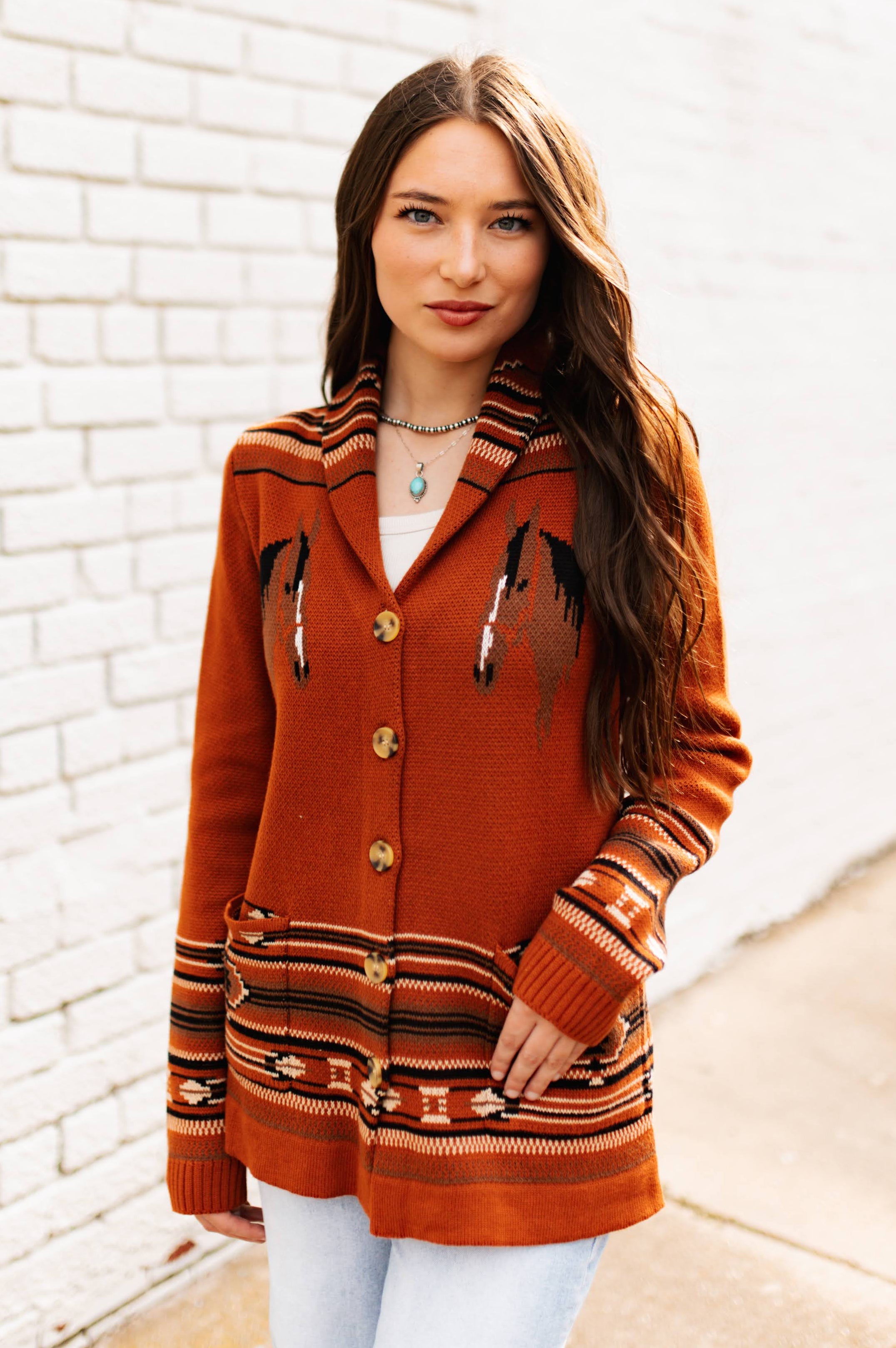 RUST HORSE KNIT CARDIGAN