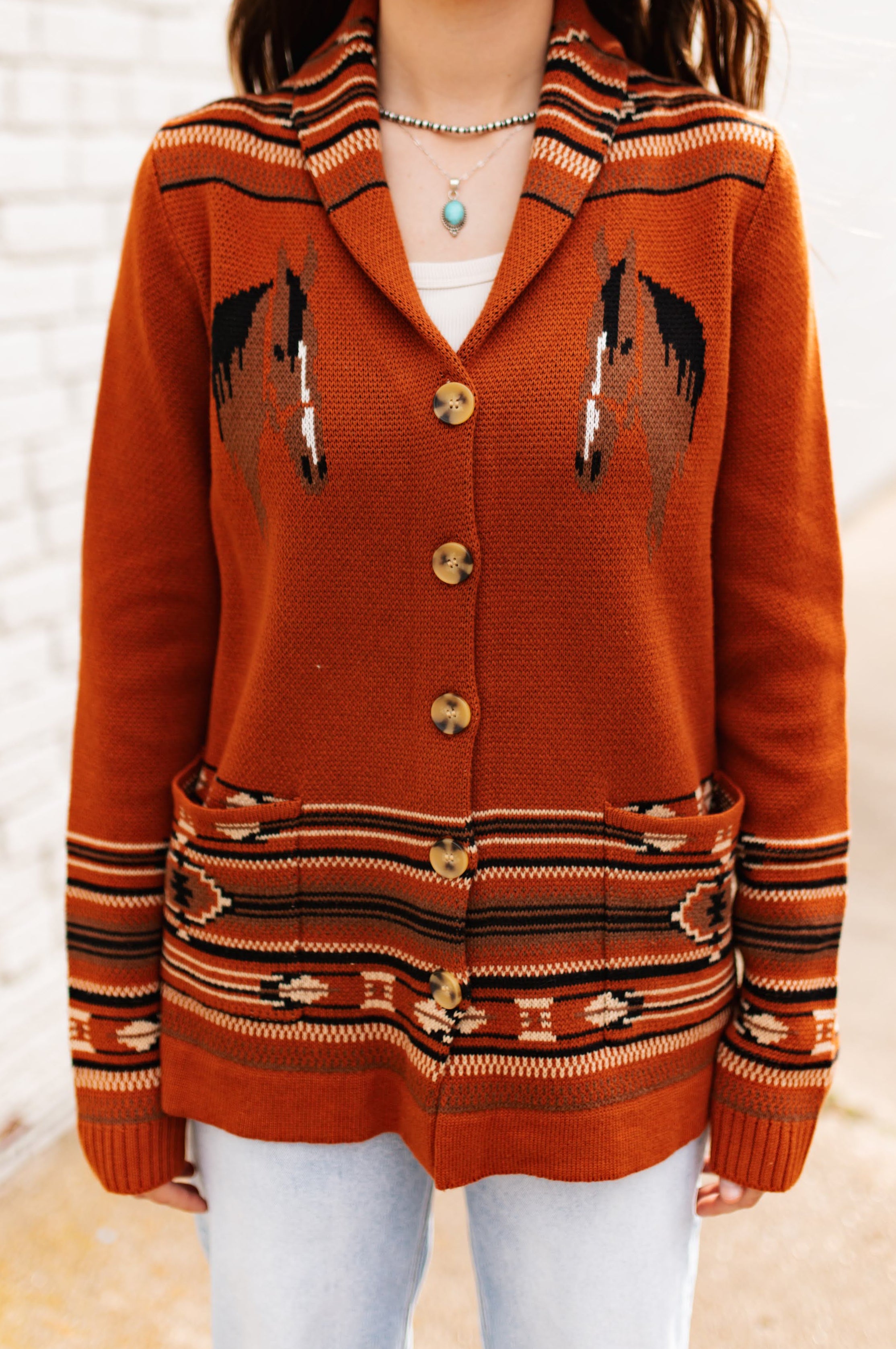 RUST HORSE KNIT CARDIGAN