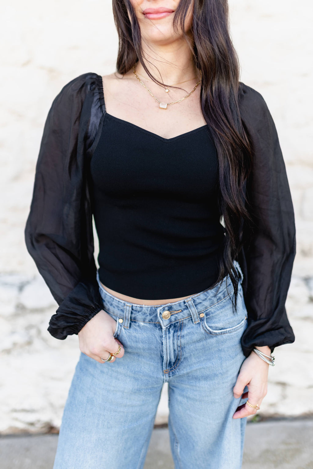 TH2025 S304 BLACK TOP WITH SHEER LONG SLEEVE (1 PIECE)
