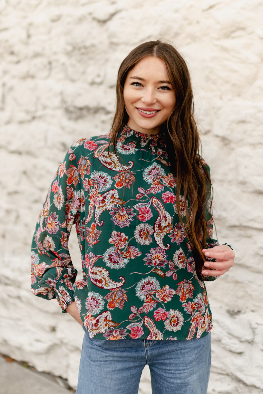TH1900 S216 GREEN PAISLEY RUFFLE NECK TOP (1 Piece)