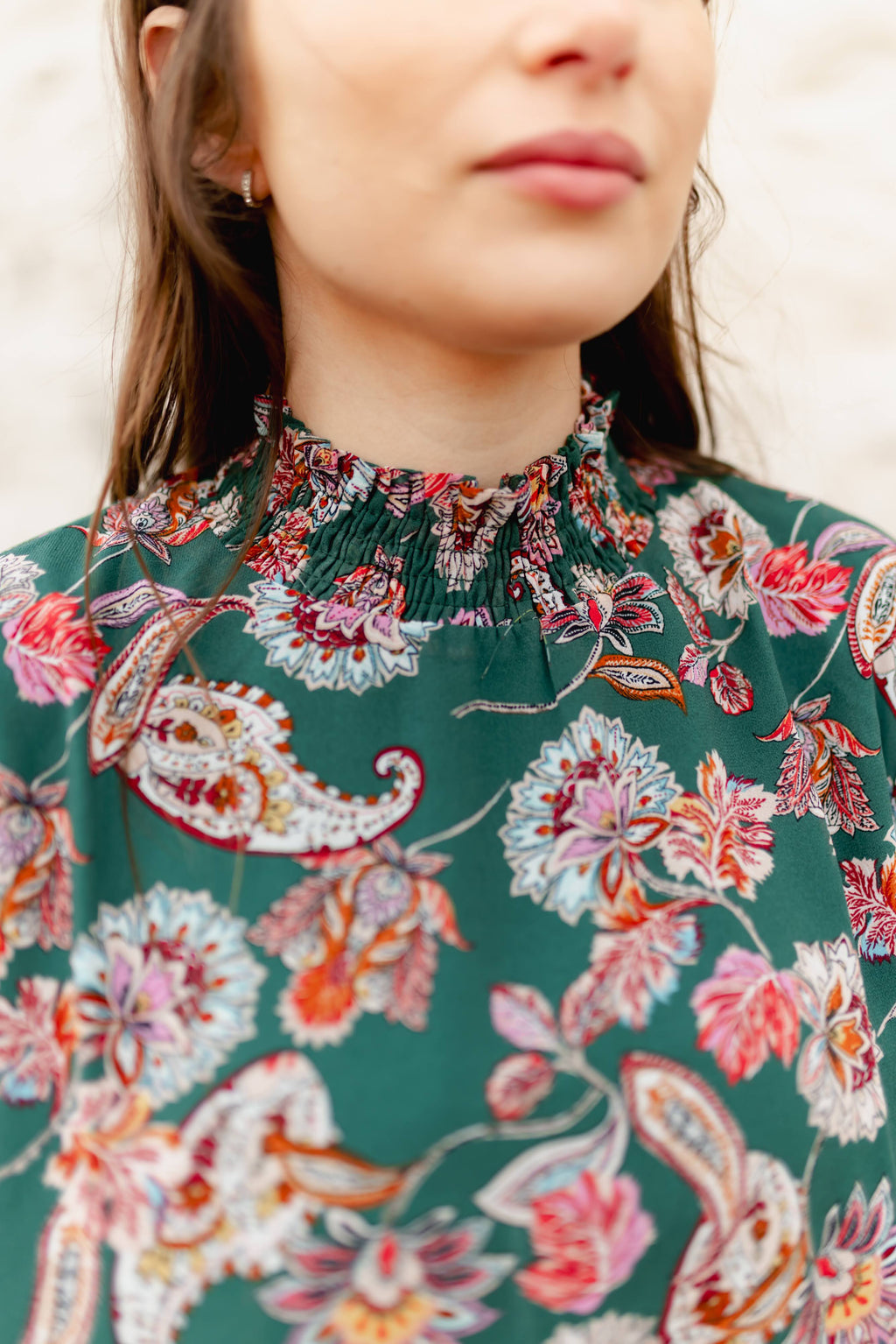 TH1900 S216 GREEN PAISLEY RUFFLE NECK TOP (1 Piece)