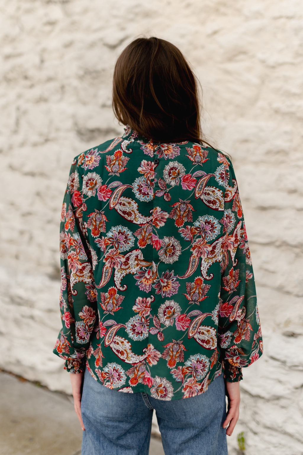 TH1900 S216 GREEN PAISLEY RUFFLE NECK TOP (1 Piece)