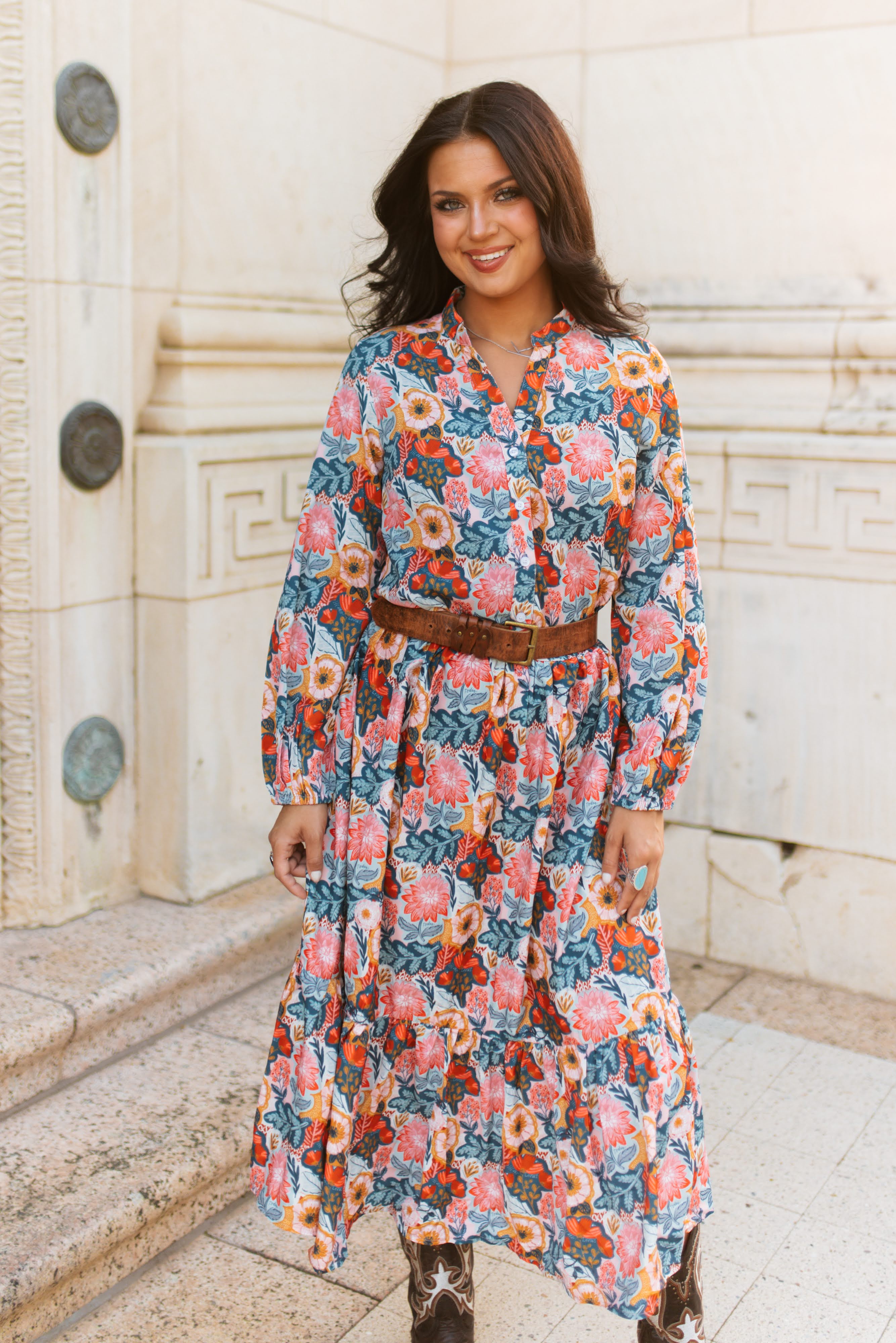 flowy vintage dress Womens Sexy V-Neck Long Sleeve Flower Long Dress Vintage Western Country Maxi Chiffon Dress Fall Casual Flowy Dress,Caramel,S at Amazon Women's Clothing store