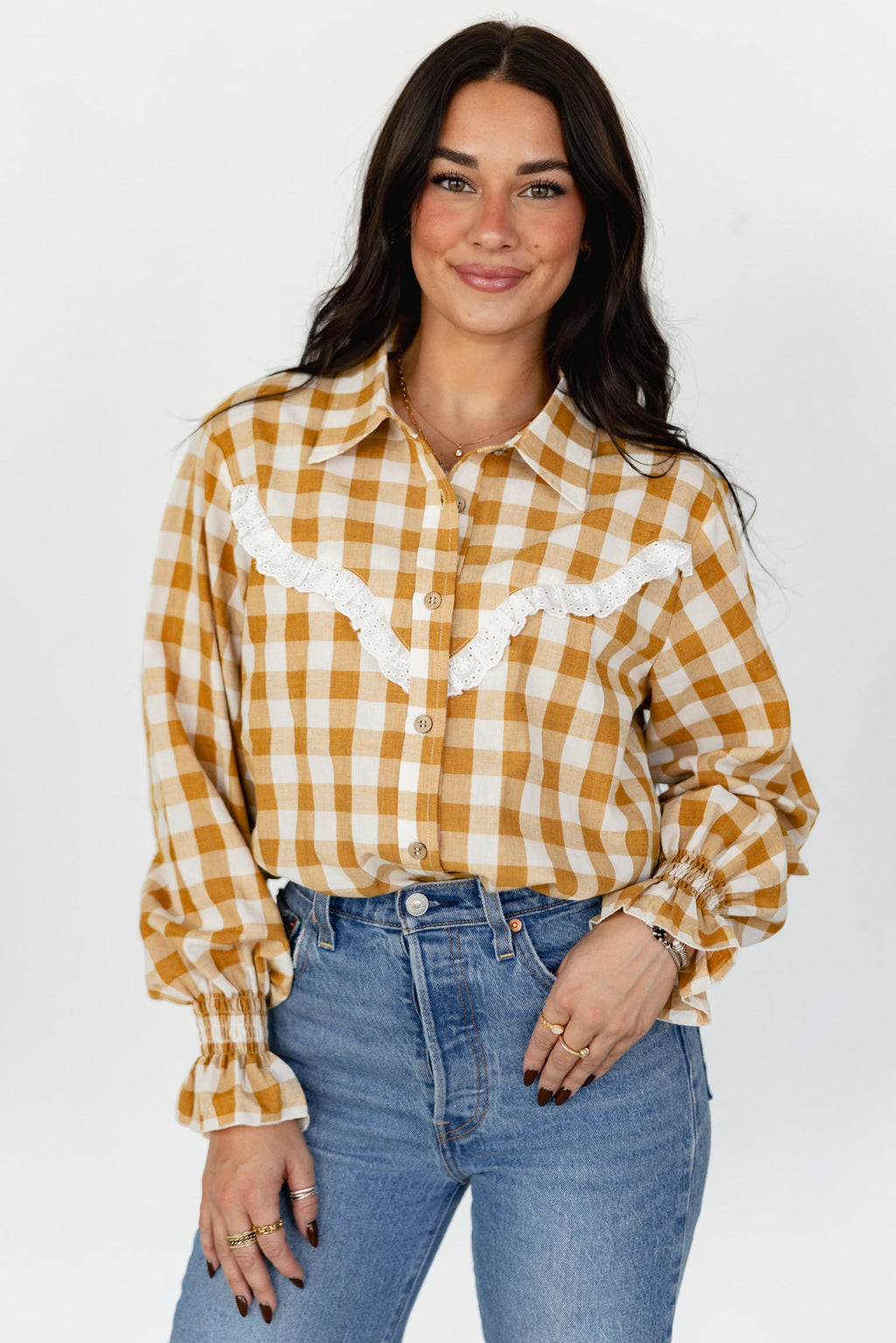 Caramel Brown Gingham Western Button Down Blouse