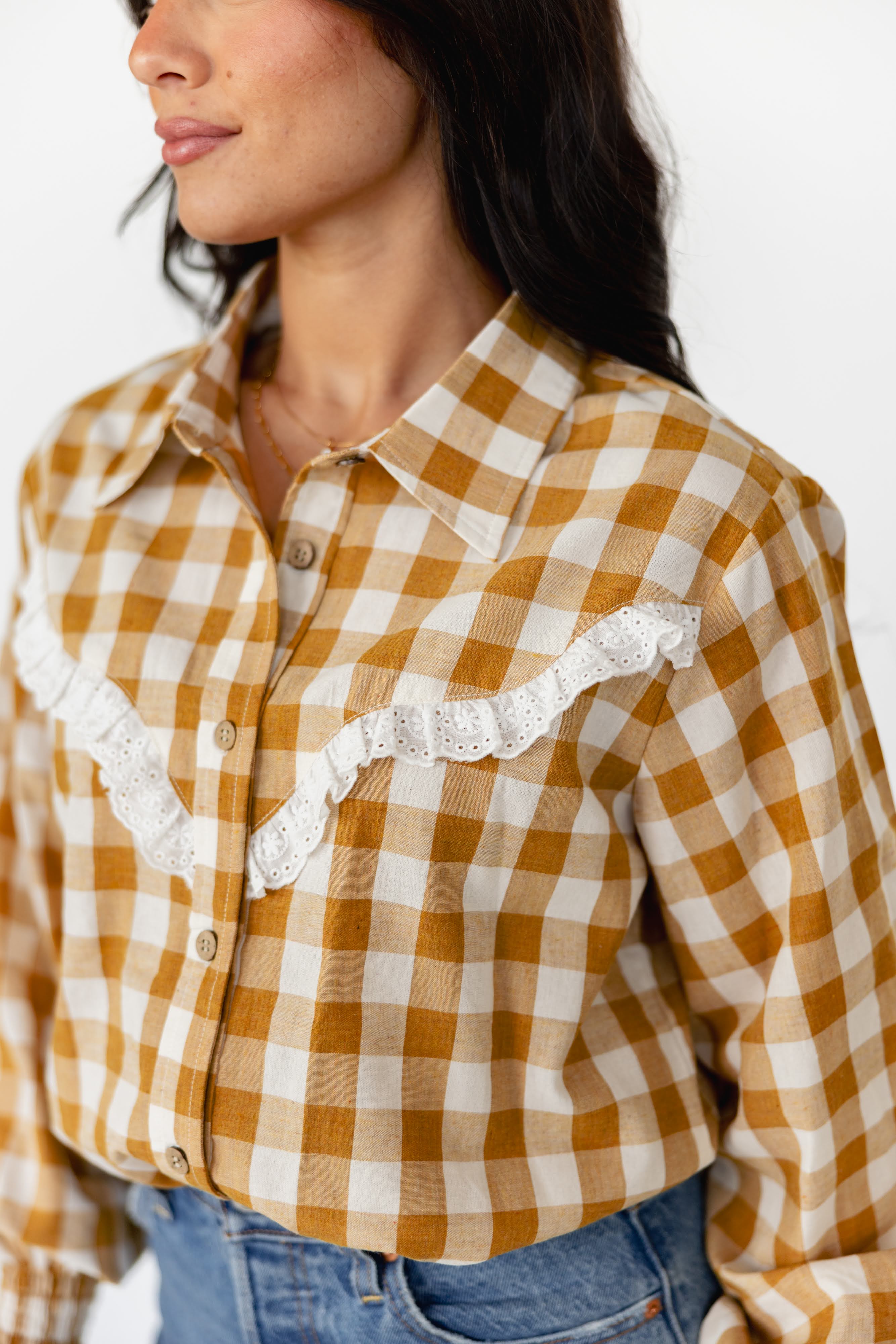 Caramel Brown Gingham Western Button Down Blouse