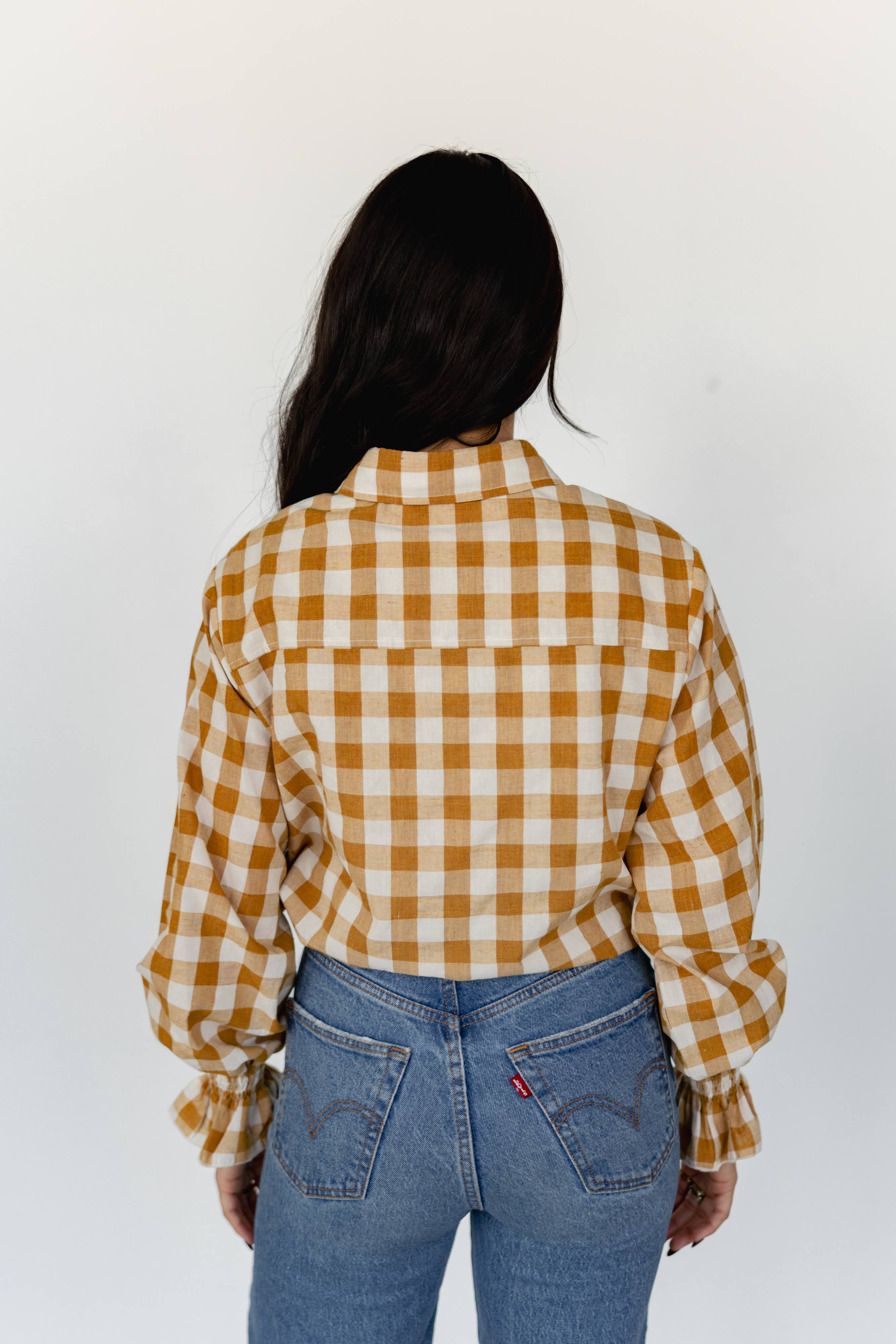 Caramel Brown Gingham Western Button Down Blouse