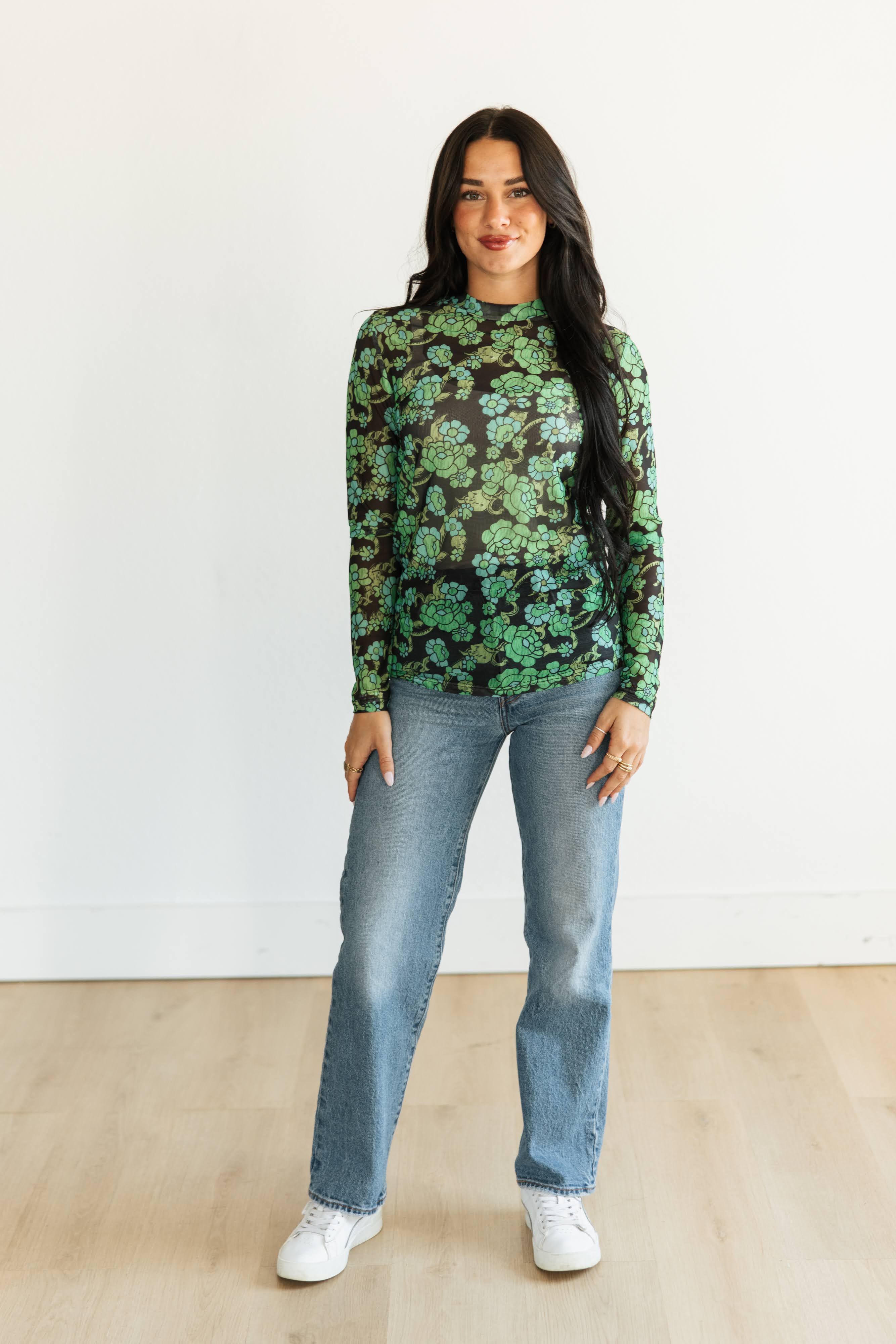 GREEN FLORAL MESH TOP
