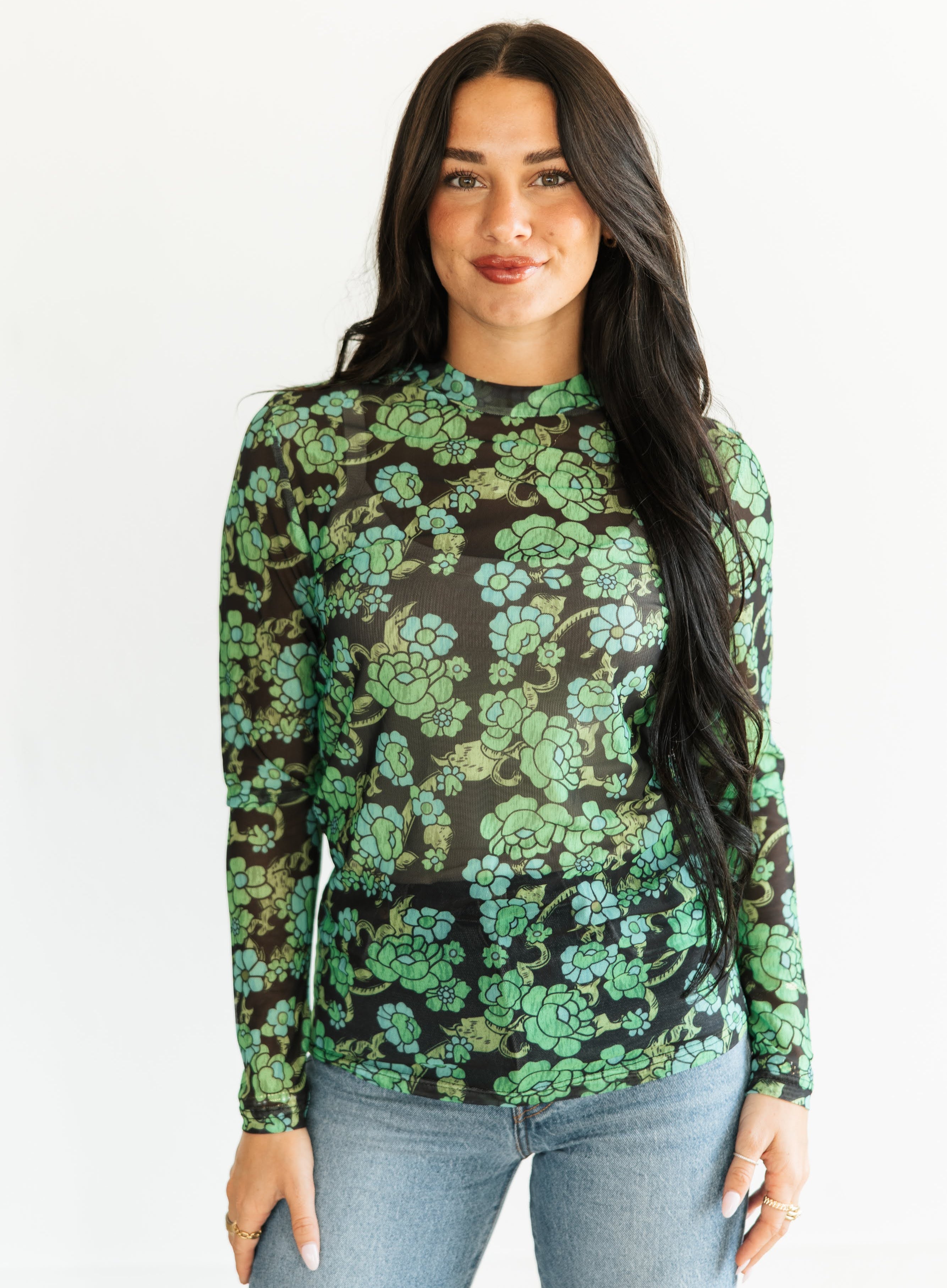 GREEN FLORAL MESH TOP