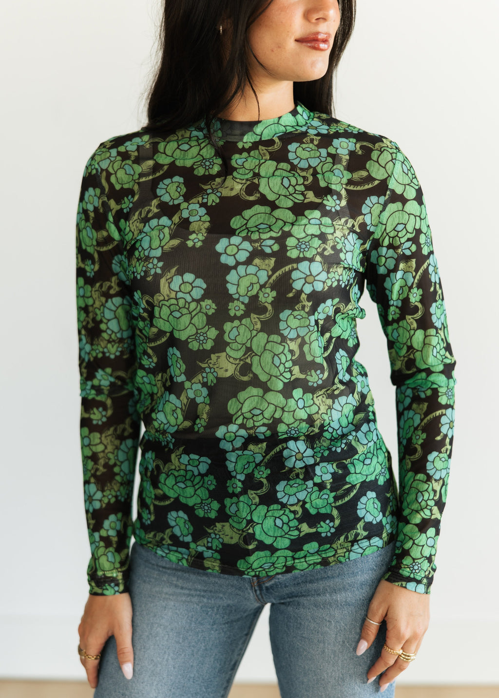 GREEN FLORAL MESH TOP