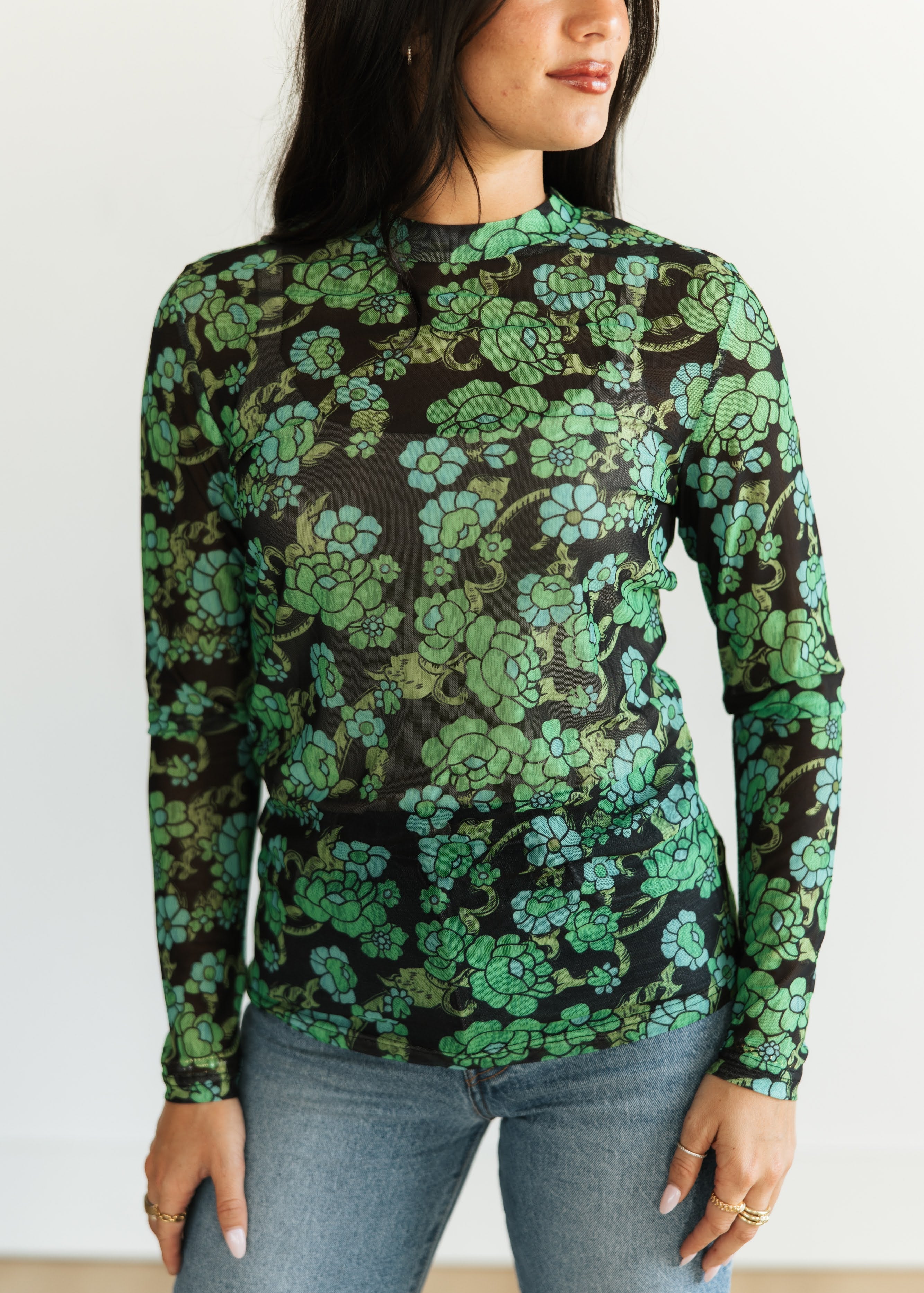GREEN FLORAL MESH TOP