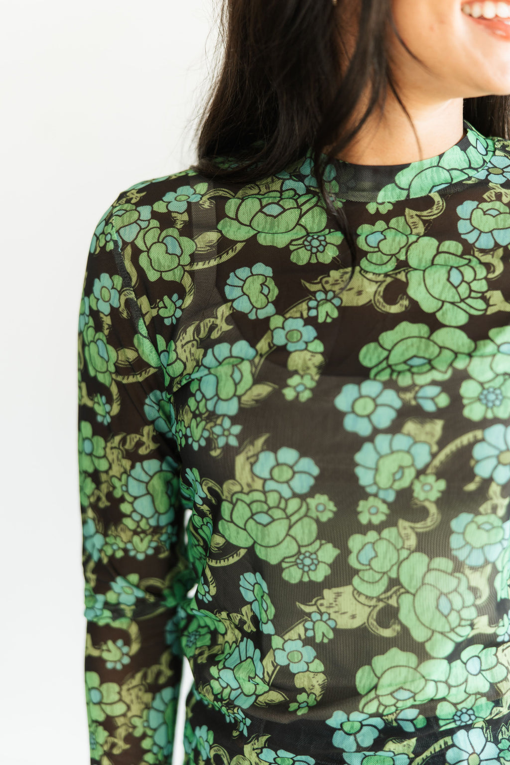 GREEN FLORAL MESH TOP