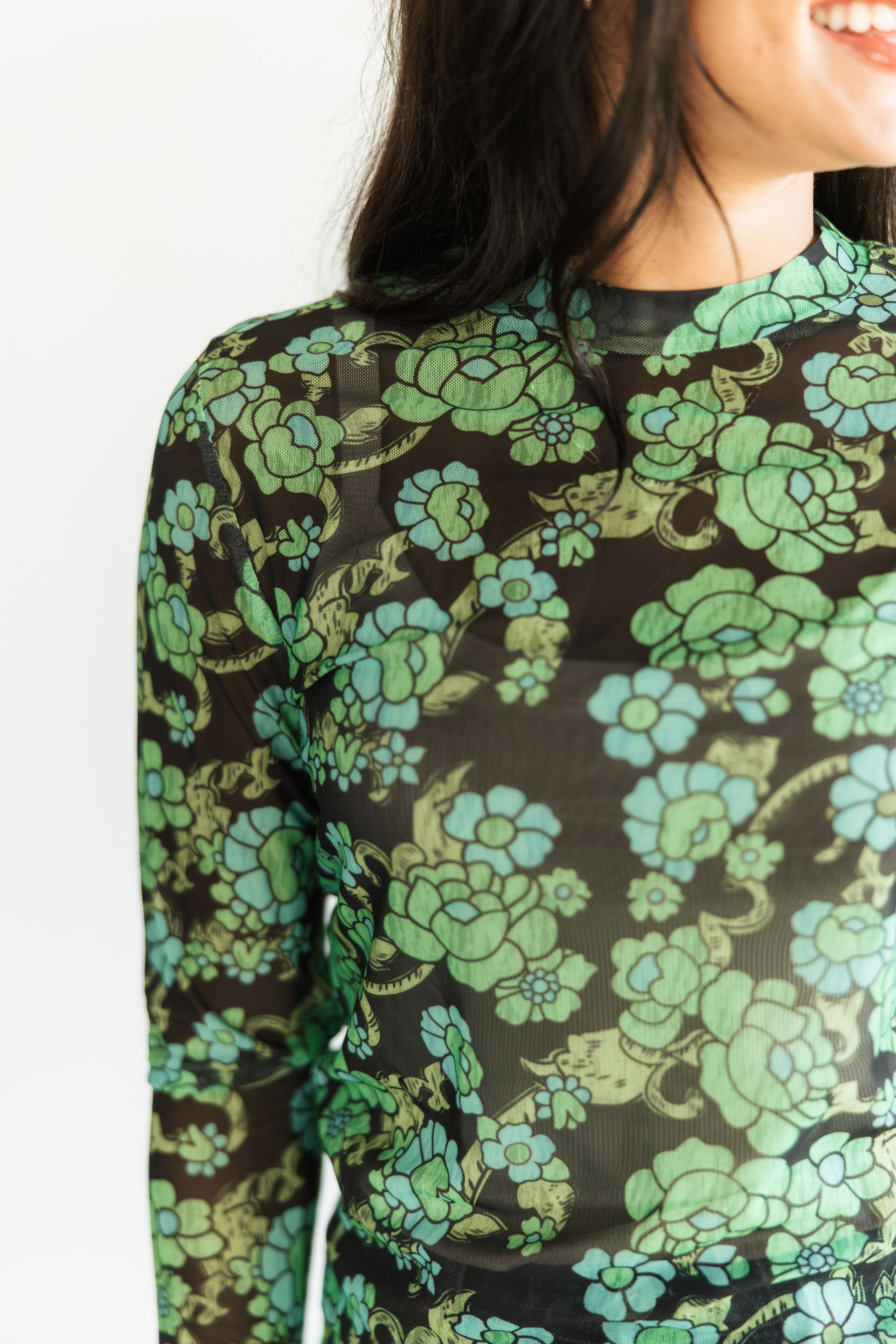 GREEN FLORAL MESH TOP