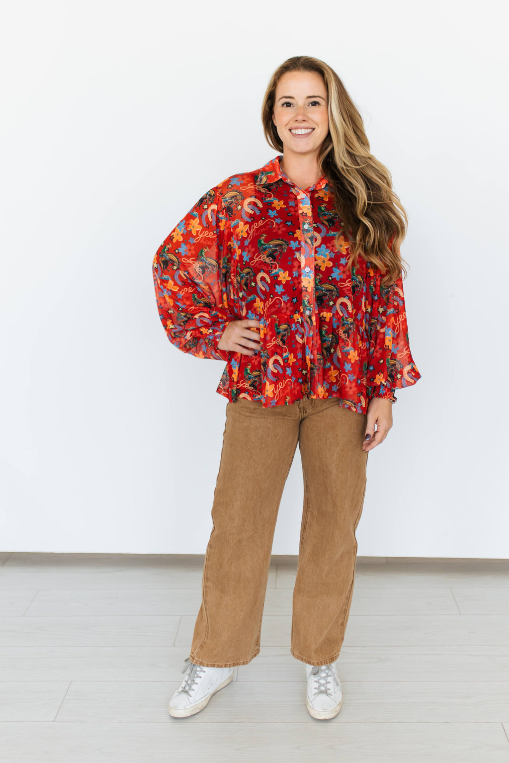 RED YEEHAW RUFFLE MESH BLOUSE