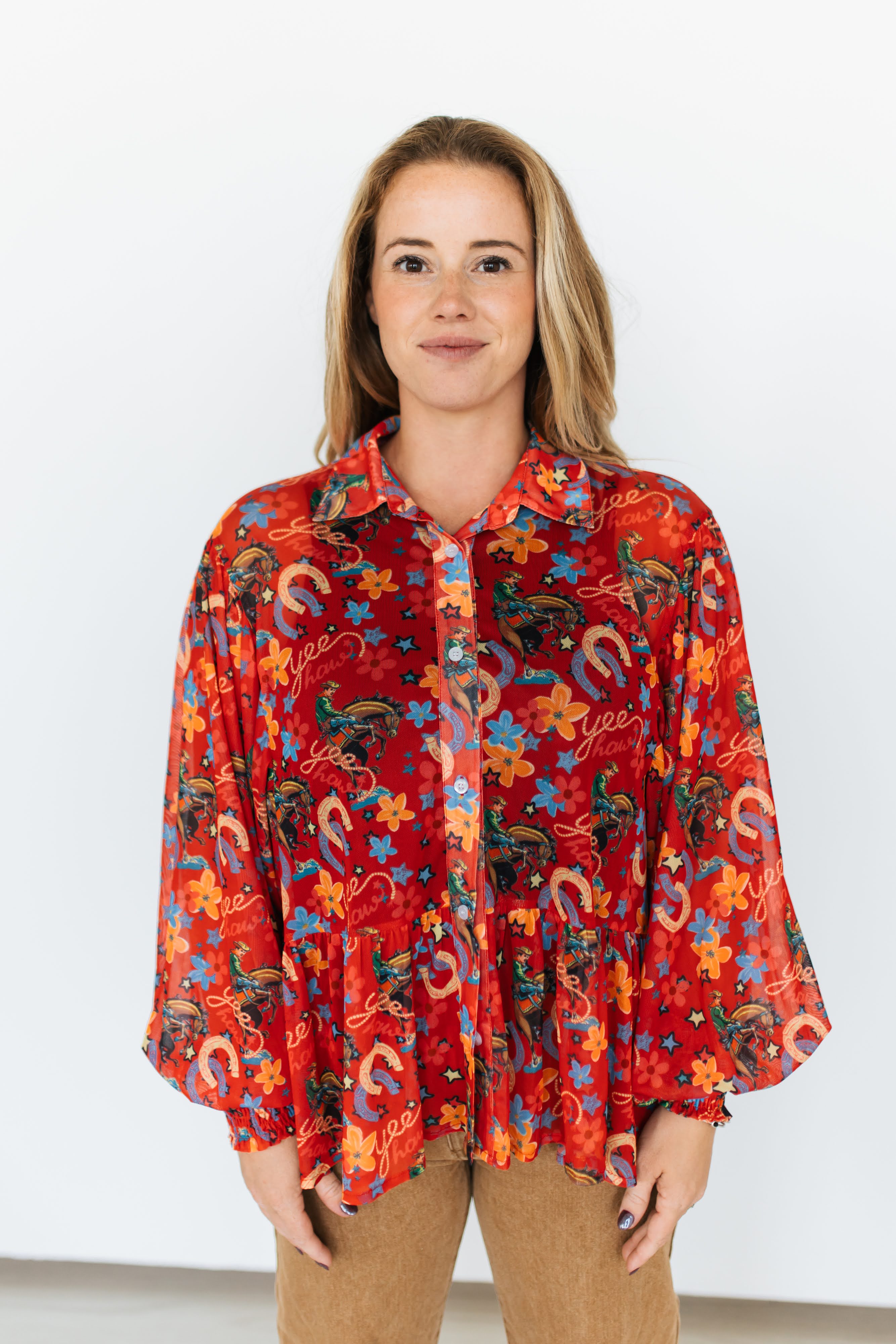 RED YEEHAW RUFFLE MESH BLOUSE