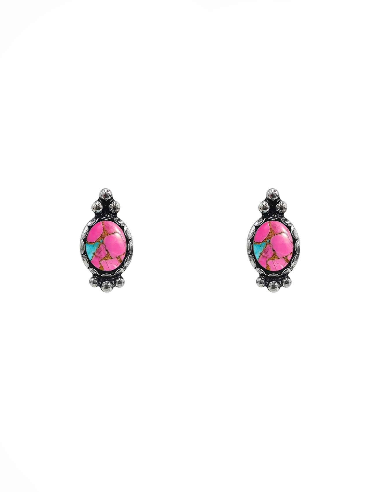 Pink Stone Oval Bezel Stud Earrings