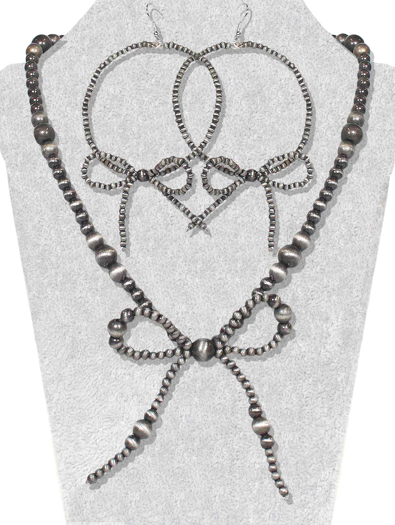 SILVER BEAD BOW NECKLACE AND EARRING SET