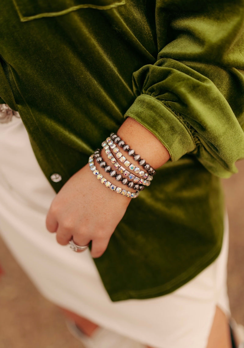 0783 H100 FIVE STRAND BURNISHED SILVER BEAD WITH RHINESTONE BRACELET SET