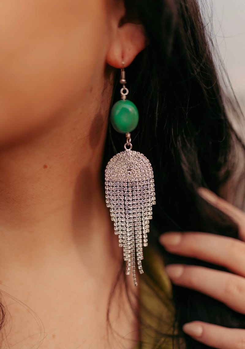 82315 E4-2 TURQUOISE, OVAL CHANDELIER, RHINESTONE EARRINGS