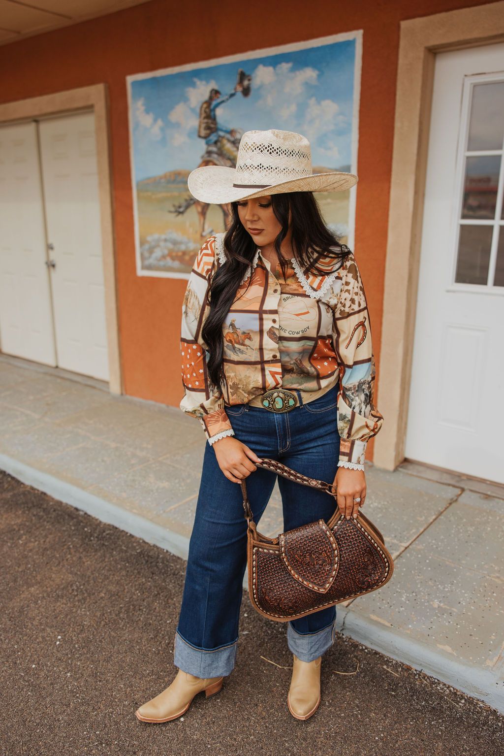 TH2783 BROWN SQUARE WESTERN COLLAR BLOUSE