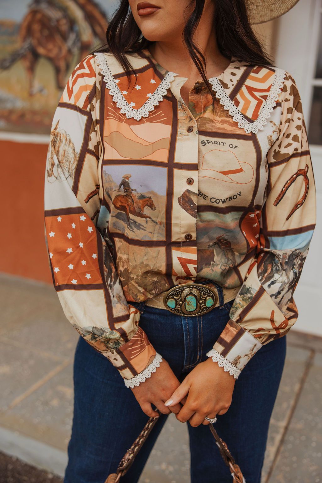 TH2783 BROWN SQUARE WESTERN COLLAR BLOUSE