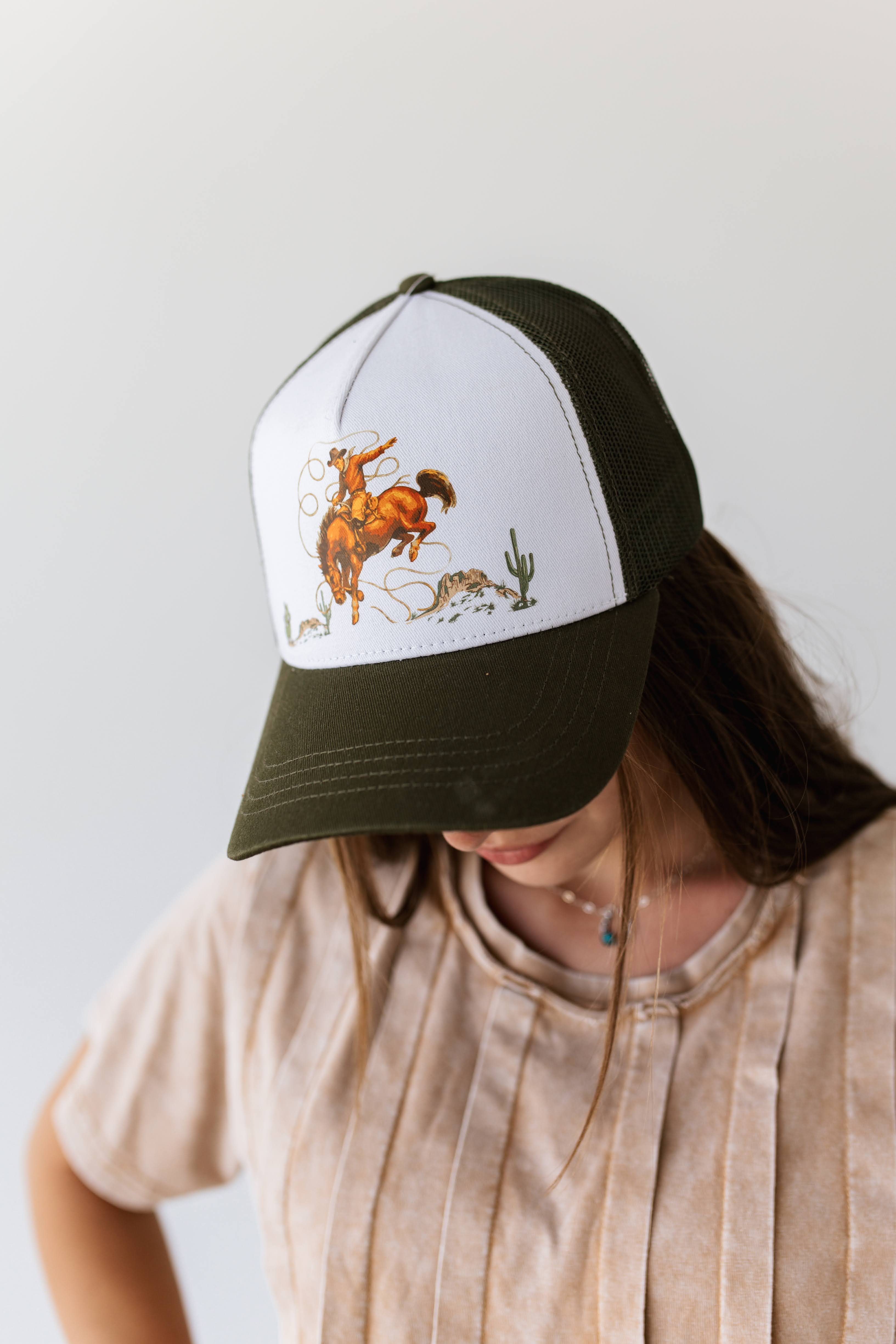Olive Bucking Horse Trucker Hat
