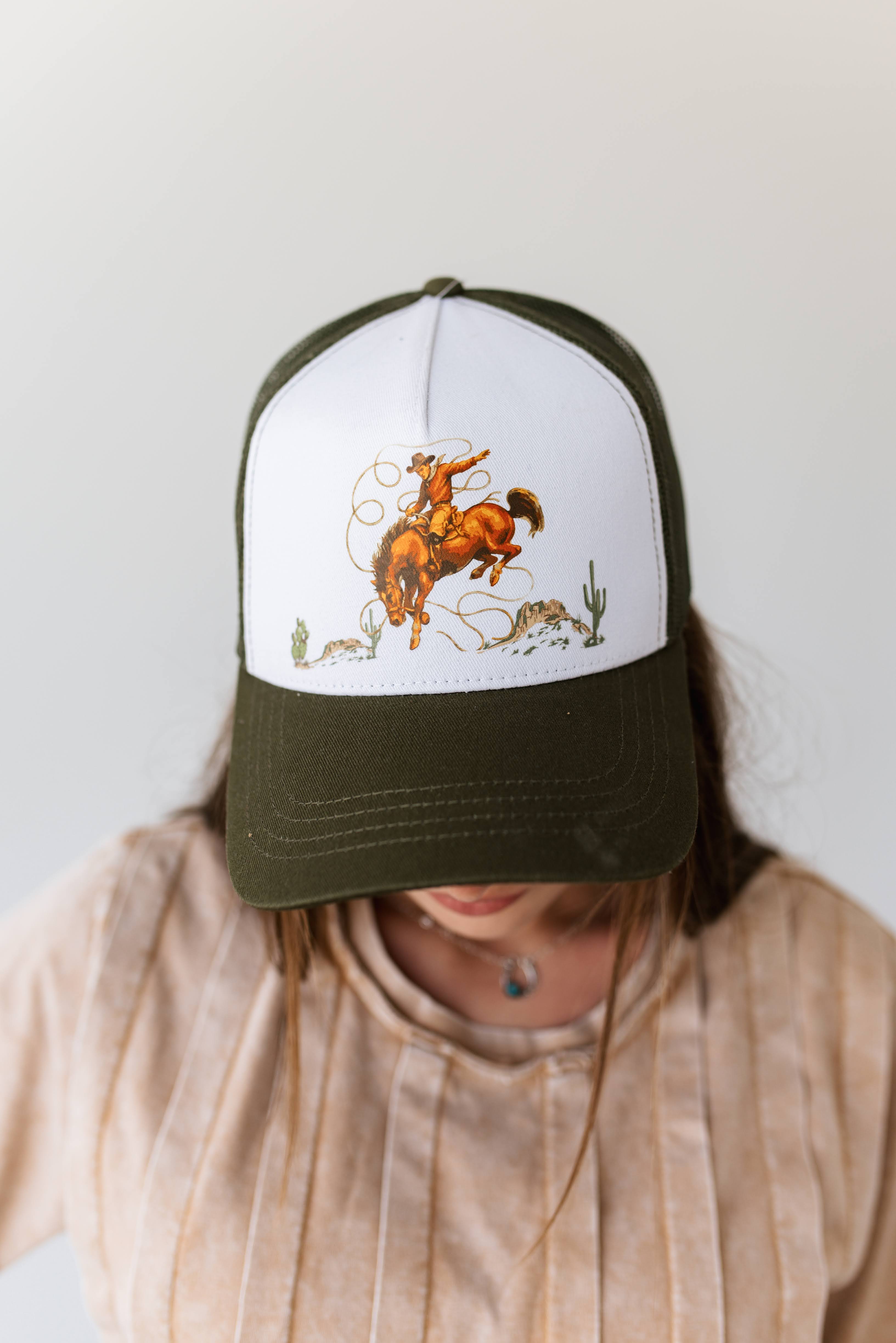 Olive Bucking Horse Trucker Hat