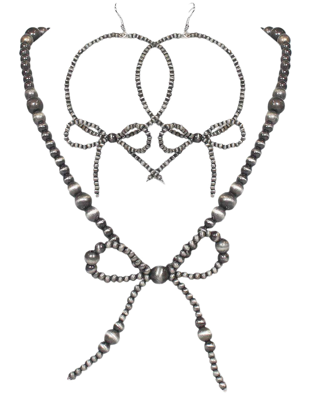SILVER BEAD BOW NECKLACE AND EARRING SET