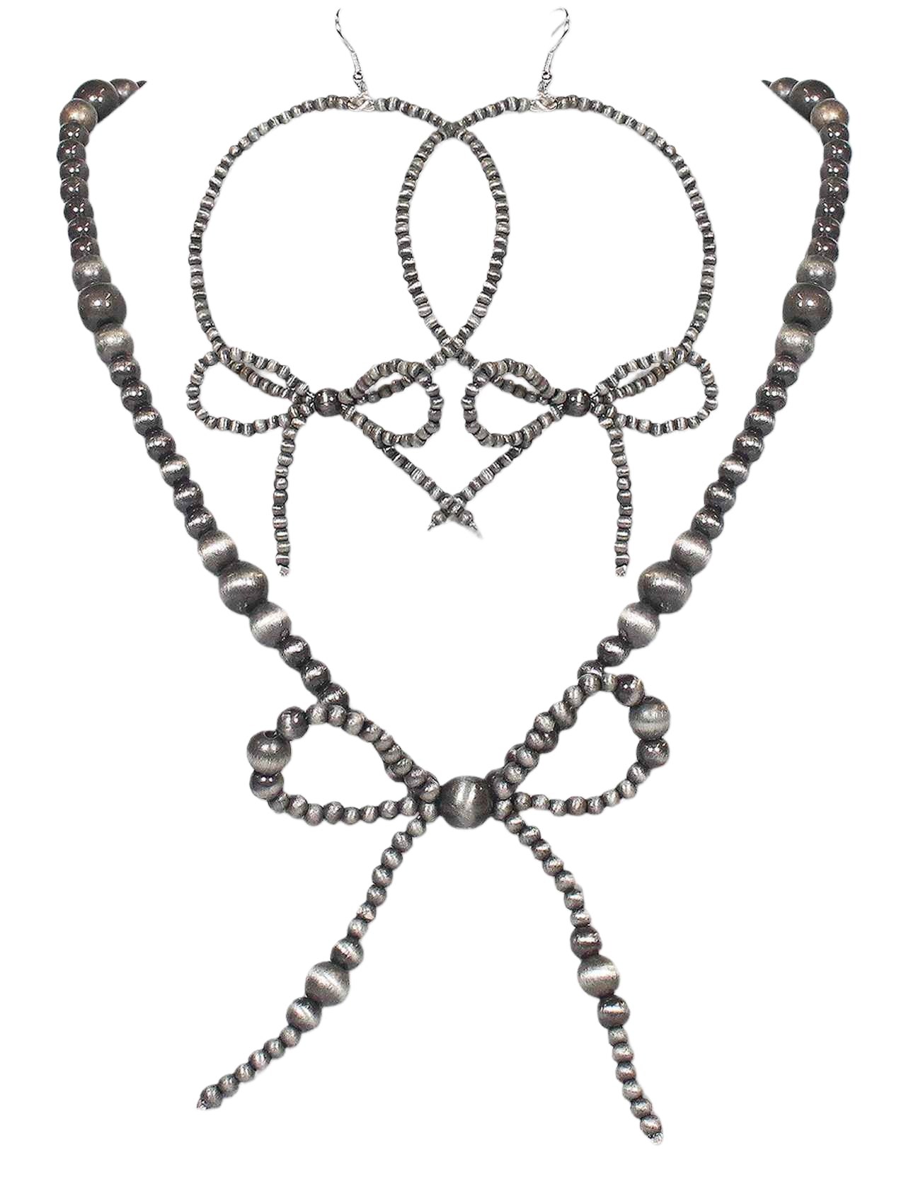SILVER BEAD BOW NECKLACE AND EARRING SET