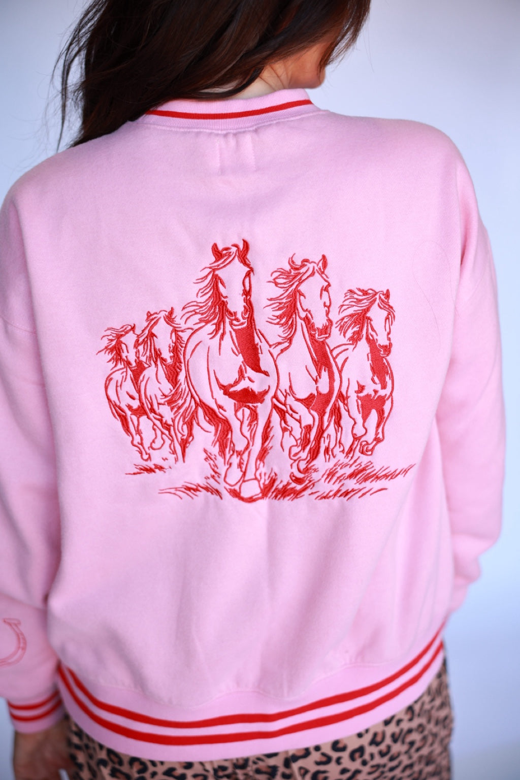 Pink Running Horse Sweatshirt back embroidery detail