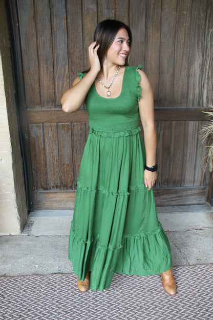 53231 GREEN SMOCKED RUFFLE DRESS