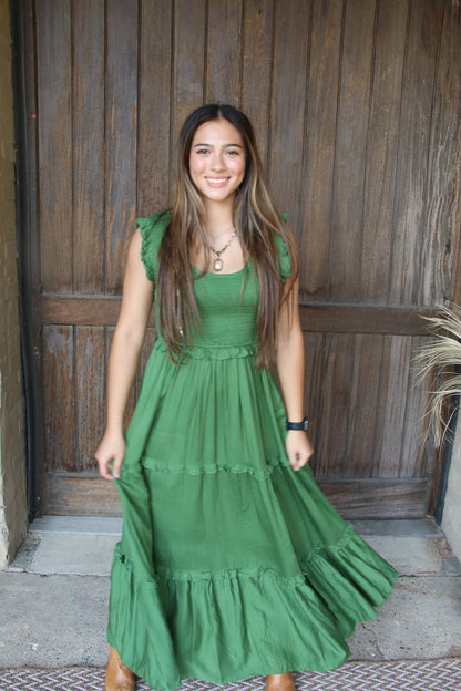 53231 GREEN SMOCKED RUFFLE DRESS