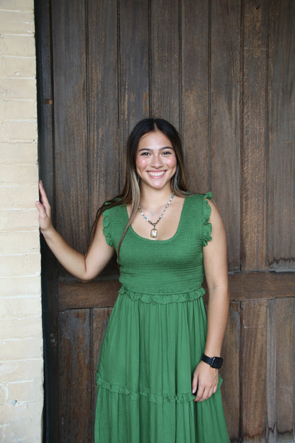 53231 GREEN SMOCKED RUFFLE DRESS