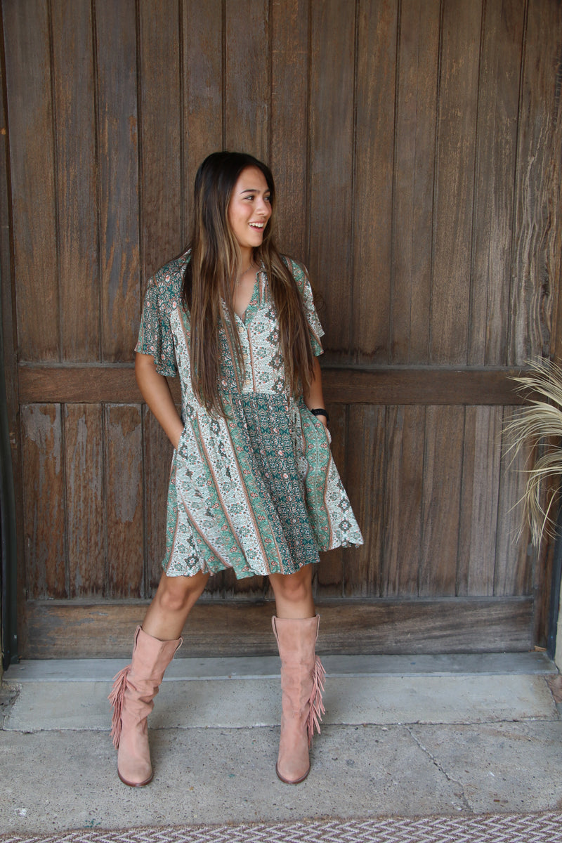 18817 SAGE BOHO PRINT DRESS