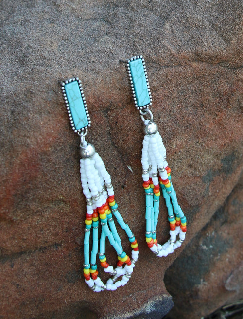 0069TURQ REC. POST W/ LOOP SEEDBEAD DROP