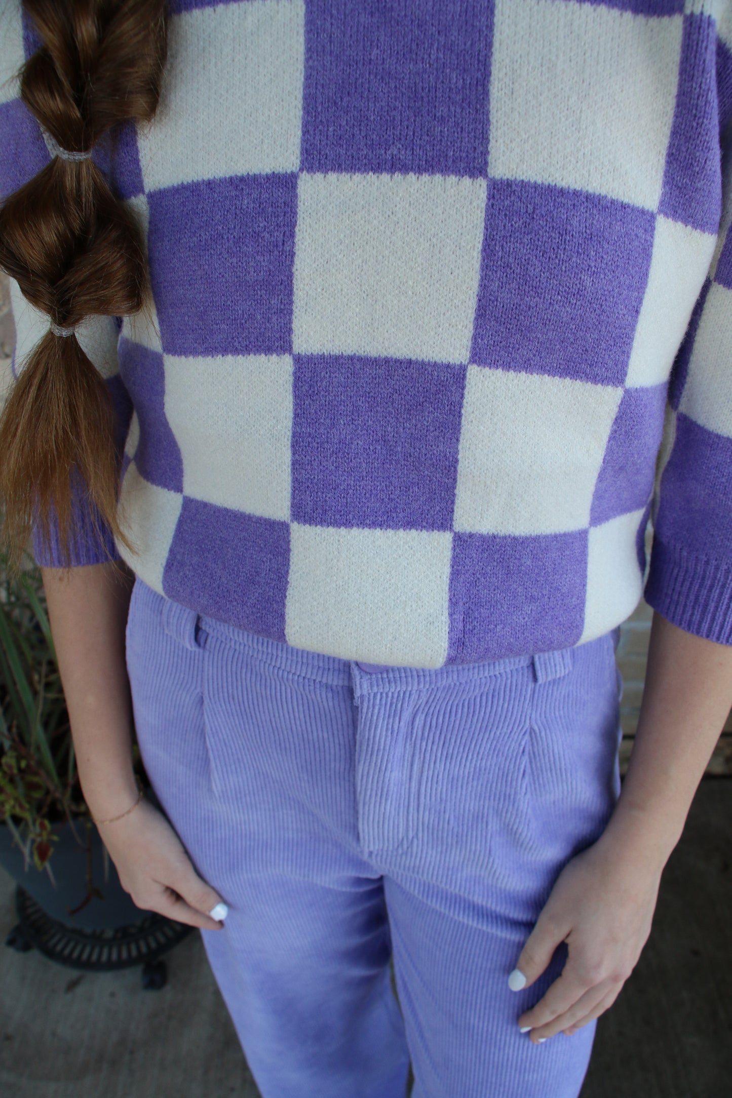 11284 LAVENDER CHECKER MOM CROP SWEATER