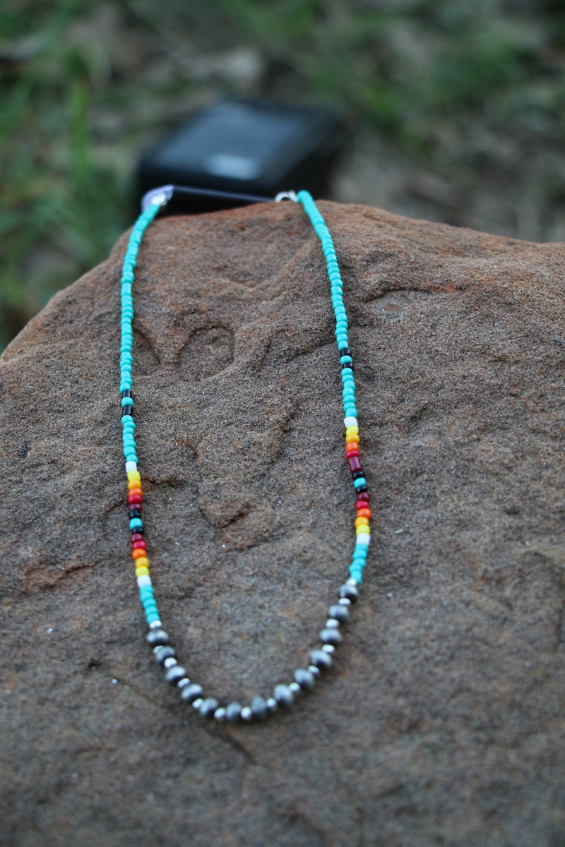 0209 TURQ SEED BEAD NL W/ 6MM FRONT SILVER BEADS